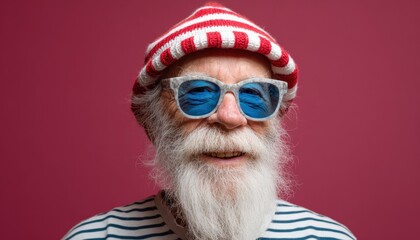 Elderly man sporting a vibrant striped hat and reflective blue sunglasses smiles against a solid background