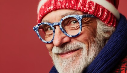 Cheerful elderly gentleman wearing festive headwear and spectacles smiles against a warm background
