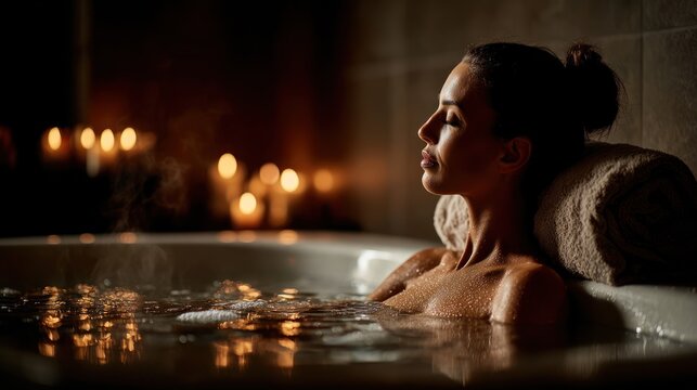 A woman relaxes in a warm, bubbly tub with candles in the background