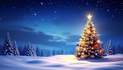 Fantastic winter landscape with christmas tree. 3D rendering. Christmas background with christmas tree, snow and stars. Beautiful christmas night. dark
