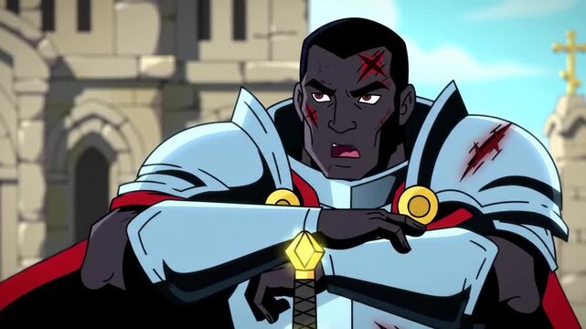 Animated Knight Ponders in Front of Ancient Castle Animated Video Sequence Footage