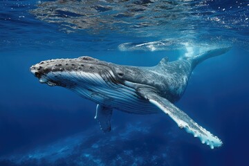 Humpback whale swimming underwater in deep blue ocean