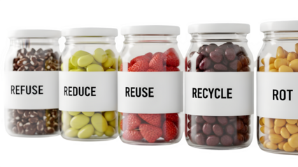 Glass jars labeled Refuse, Reduce, Reuse, Recycle, and Rot filled with food items, symbolizing zero waste lifestyle, sustainability, and eco-friendly consumption on a black background.