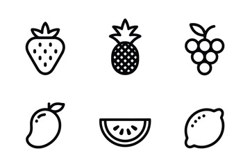 A set of line art icons featuring various fresh fruits on a white background