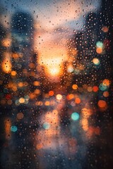Colorful city lights through rain covered window at night