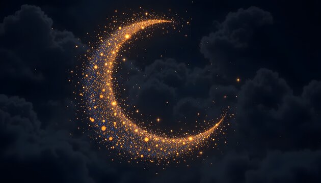 Particle Crescent Moon in Night Sky. ramadan 2026