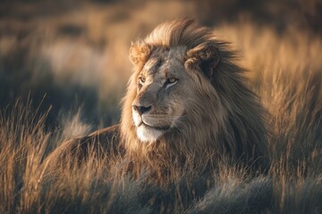Majestic lion in golden savanna