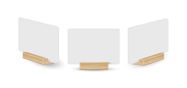 Card table menu holder stand mockup. Paper flyer mock up template. Event promotion wooden frame. Restaurant label. Vector
