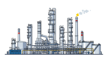 Obraz premium Industrial complex with multiple towers and connecting pipes represents energy production and chemical processing facilities.