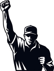 Sports Umpire or Referee Signaling Victory Success or a Foul Call with Raised Fist and Arm in Black and White Vector Illustration baseball
