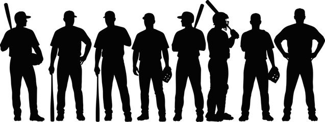 Silhouette Baseball Team Lineup with Bats and Gloves Sports Group Illustration baseball © Nomads Studio