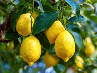Vibrant Ripe Lemons Hanging from a Lush Lemon Tree, Showcasing Organic Growth in a Sunny Environment