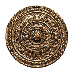 Bronze Medallion Circular Design with Floral Ornaments and Textured Surface on Transparent Background