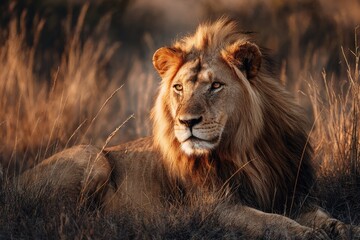 Majestic lion in golden savanna light