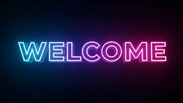 Animated neon welcome sign with vibrant blue and pink colors glowing in a dark background - Powered by Adobe