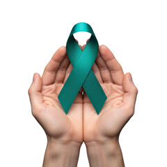 woman Hands Holding Teal Awareness Ribbon Isolated on White Background