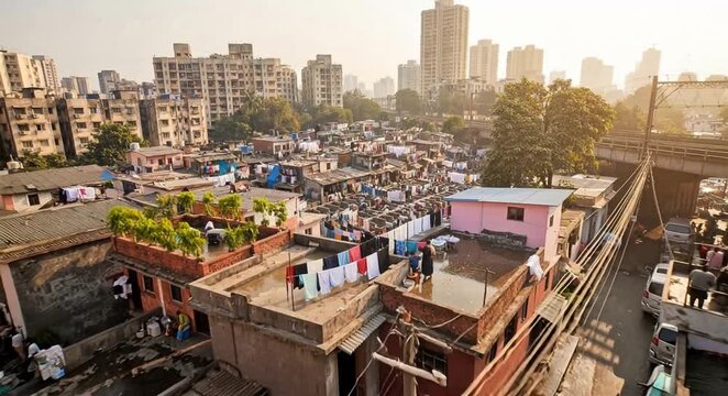 mumbai mahalaxmi dhobi ghat aerial view of open-air laundry video aerial drone zoom out 
