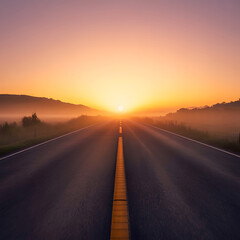 Long Empty Asphalt Highway Stretching Towards a Bright Golden Sunrise in a Foggy Landscape