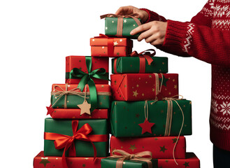 Person in Red Christmas Sweater Stacking Colorful Wrapped Gift Boxes