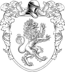 Obraz premium A lion coat of arms or crest family heraldry medieval heraldic knight shield with helmet and acanthus filigree scroll ornament in a vintage woodcut style.