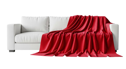 Modern White Sofa with Elegant Red Throw Blanket Isolated on White Background