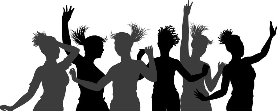 Silhouettes of women dancing in dynamic motion, suitable for scenes at a gig, party, festival, or celebration. Perfect for themes of music, energy, nightlife, performance culture and modern lifestyle