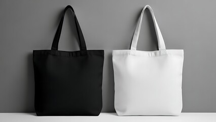 Two tote bags against a gray background