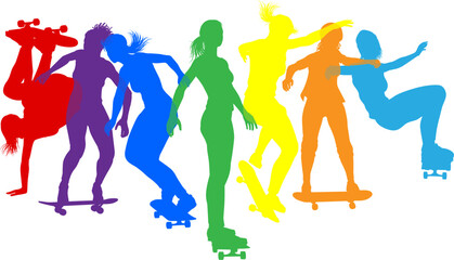 A group of skateboarding women or girls female skateboarders in silhouette.