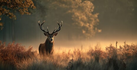 Majestic stag in golden morning mist
