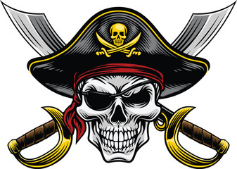Fototapeta premium Pirate skull crossbones wearing a tricorn captain hat, eyepatch with crossing sabers or scimitar cutlass pirate swords. In a vintage retro woodcut style.