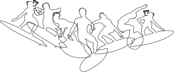 Surfer surfboard boarding male and female surfers surfing silhouette outlines. Men and women surf group design concept.