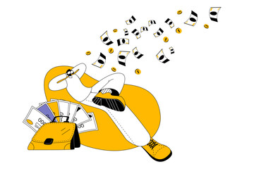 A man relaxes in a beanbag chair. The character admires his cash flow. Vector illustration. Passive income.
