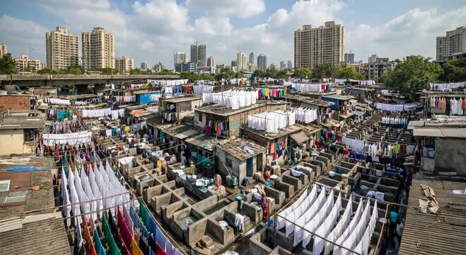 mumbai mahalaxmi dhobi ghat aerial view of open-air laundry video