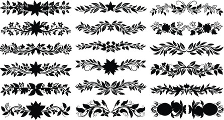Elegant decorative floral border ornament set, vintage botanical divider collection for design, intricate leaf silhouette elements, classic vector embellishment artwork