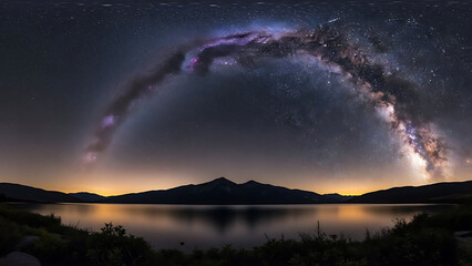 Milky way galaxy arching over serene lake landscape at night