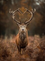 Majestic stag with heart-shaped antlers in autumnal landscape