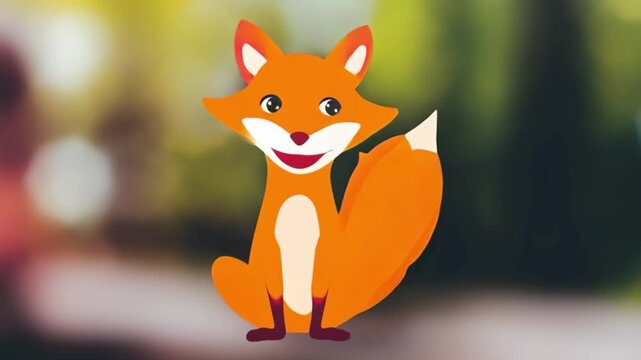 Cute cartoon fox character smiling happily, adorable animal illustration animation on soft blurred background, playful woodland mascot design, children education content, friendly wildlife character, 