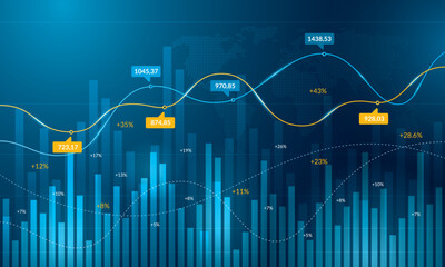 Vector illustration of a financial growth chart and trading with world map background. Concept of investment, global economy, and data analysis.