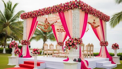 Elaborate outdoor wedding mandap decorated with pink and red flowers ceremony marriage