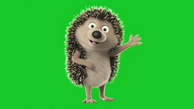 Cute cartoon hedgehog character waving and smiling on green screen background ideal for kids videos chroma key edits animations education content mascots and playful storytelling projects