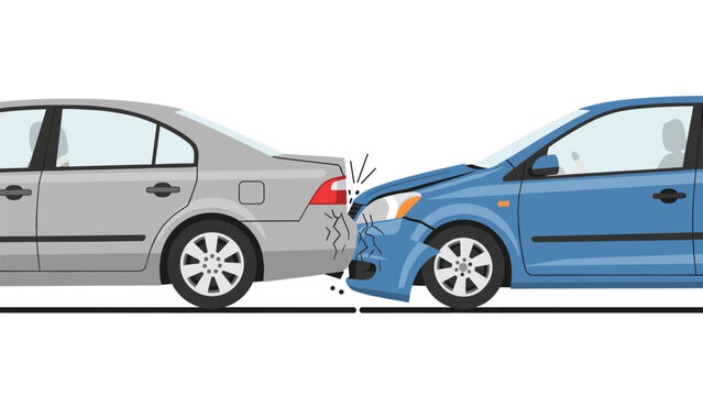 Rear end collision involving a silver sedan and a blue hatchback results in vehicle damage and potential injuries.