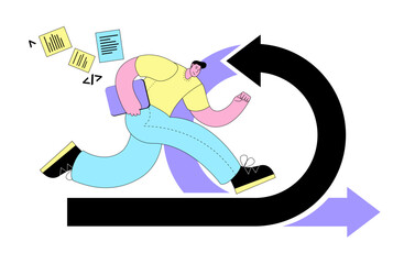 A man with a laptop runs along the arrow. Vector illustration on the topic of agile methodology.