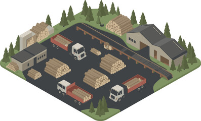 Lumber Mill Isometric Vector Illustration — Wood Processing and Timber Industry Concept © REYAD