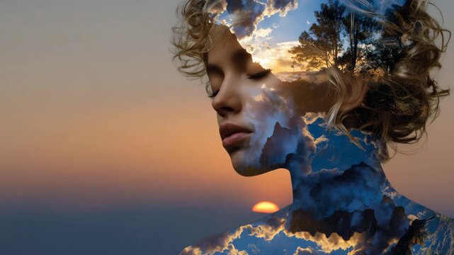 170Surreal double exposure of a female face, sunrise clouds cascading across her profile, delicate warm tones creating a tranquil, meditative visual narrative