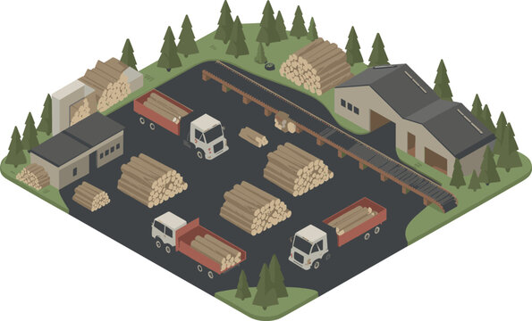Lumber Mill Isometric Vector Illustration &mdash; Wood Processing and Timber Industry Concept