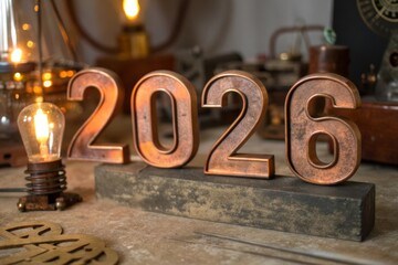 Brushed copper numerals with visible patina on a rustic industrial surface