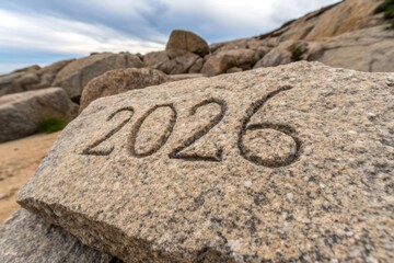 Carved year numerals on rough unpolished granite stone in an outdoor rocky landscape