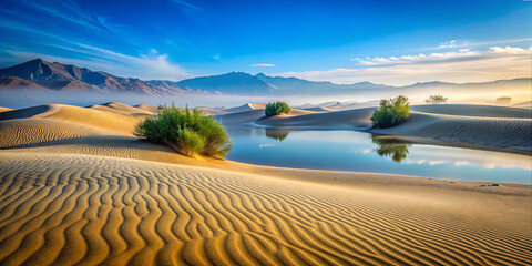 View of a desert landscape with water and mountains during the early morning hours