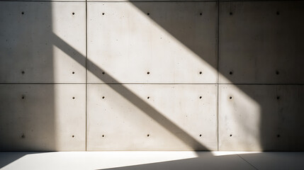 Sunlight casts dynamic shadows across a textured concrete wall, highlighting its modular design and raw aesthetic, creating an interplay of light, pattern, and form.