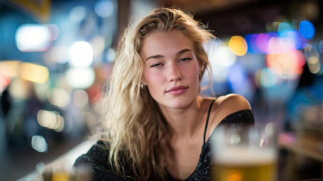 174Close-up of a blond woman sitting at a bar, soft focus on her thoughtful eyes, long hair catching ambient multicolored lights, glass of frothy beer in front, reflections adding dep